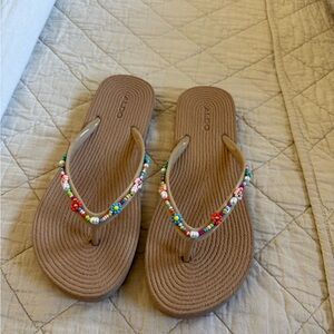 Aldo Brown Flip Flops with Colorful Beaded Straps